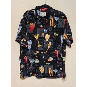 Paradise Found Hawaiian Shirt Cocktail Print Button Up Party L (Lost Button)